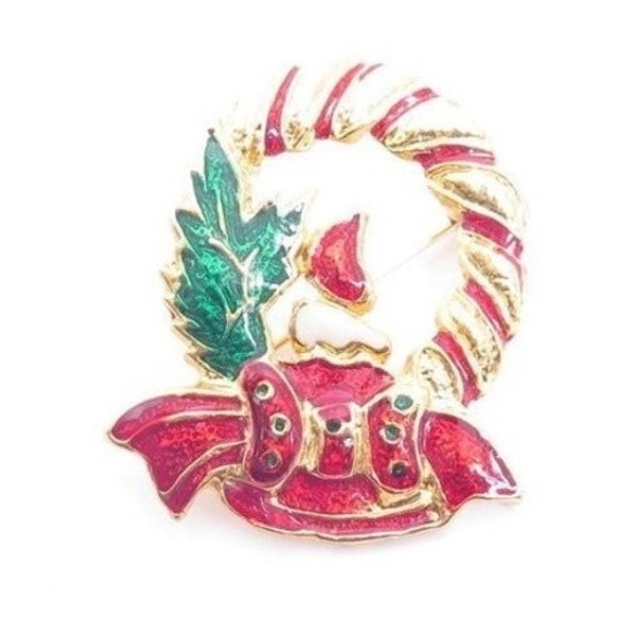 Authentic Original Vintage Style Jewelry - Christmas Wreath Enamel & Gold Brooch